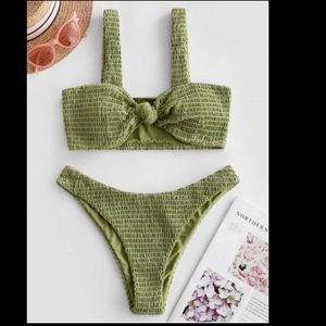 Zaful Smocked Knotted Green Bikini Size S